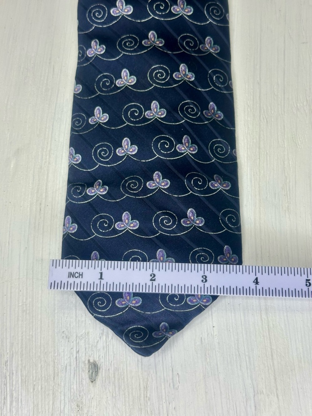 Valentino Cravatte Vintage 90’s Silk Tie Navy Blue Floral Swirl Italy Designer - Picture 6 of 10